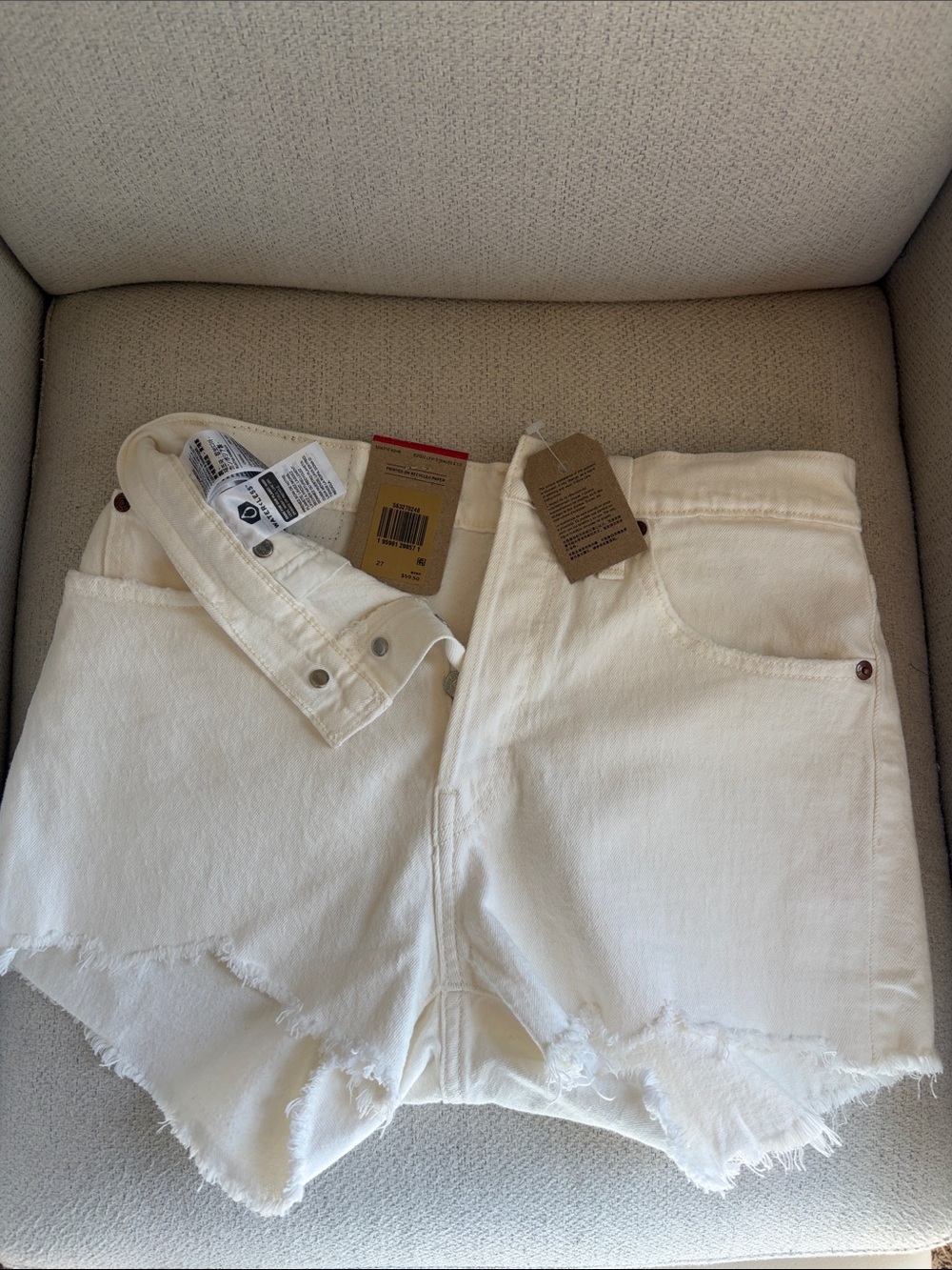 Levi's White Frayed Hem High-Rise Denim Shorts